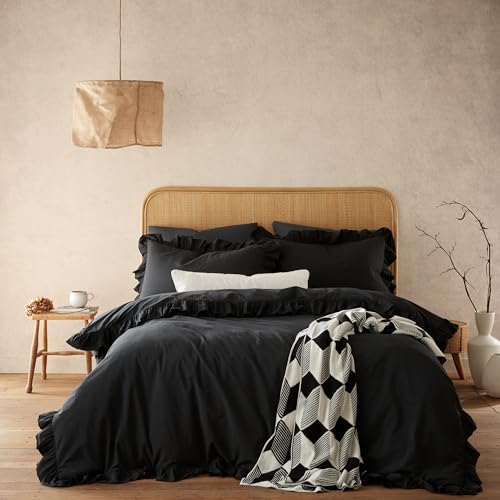 Style Sisters Ruffle Frill Washed 200 Thread Count Cotton Super King Duvet Cover Set with Pillowcases Black