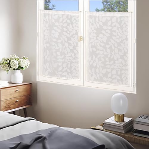 Atout Ciel Pair of Net Curtains Leaf Design with Rod Pocket Ready to Hang 2 x 60 x 120 cm Natural