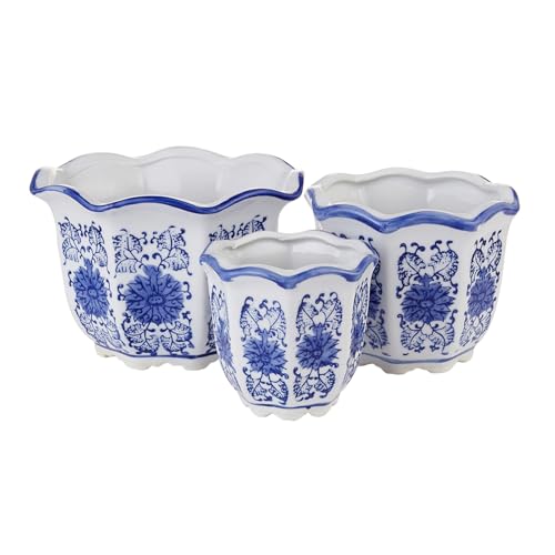 HakkaGirl Blue and White Porcelain, Flower Pots, Chinese Ceramic Planters for Decorative -Set of 3
