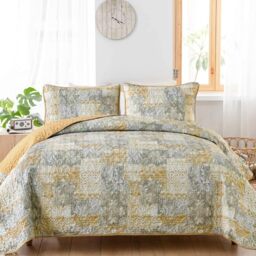 "Mybedsoul Yellow Boho Quilt Set King Size 3 Pieces Grey and Yellow Plaid Floral Bedding Set Microfiber Lightweight Bohemian Patchwork Bedspread Coverlet Set for All Season 90""x104"""