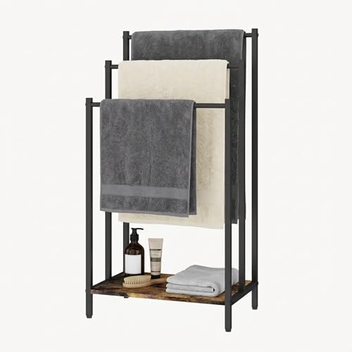 Relaxdays Towel Rack with Shelf, Industrial, 3 Bars, Freestanding, 81x43x28cm, Dark Brown/Black