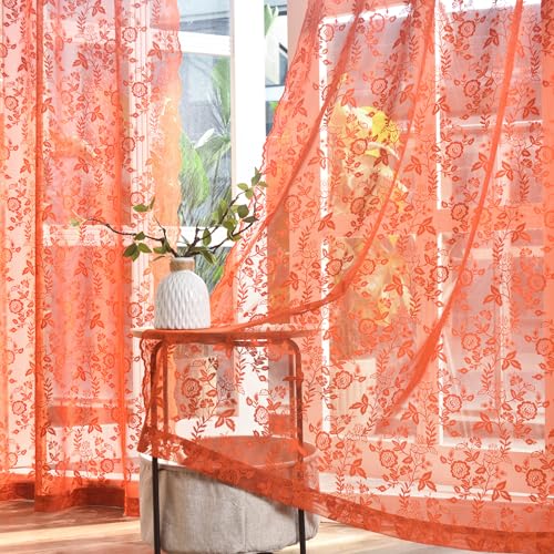Burnt Orange Sheer Curtains 63 Inch Length for Bedroom 2 Panels Rustic Leaf Floral Scalloped Edge Vintage Rust Sheer Lace Curtains, Rod Pocket Privacy Window Lacy Curtain Drapes, 42 x 63 Inch