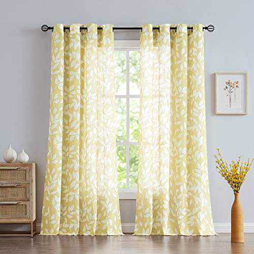 "Treatmentex Yellow and White Curtains for Living Room 54"" Length Leaves Print Semi-Sheers Curtains for Kid's Room Windows, Mustard Yellow, Grommet Top, 2 Pack"