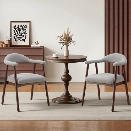 MALOL Wooden Dining Chairs Set of 2, Fabric Chairs for Dining Room with Armrest, Upholstered Kitchen Chairs with Curved Back and Wood Legs for Dining Room, Kitchen, Living Room, Grey