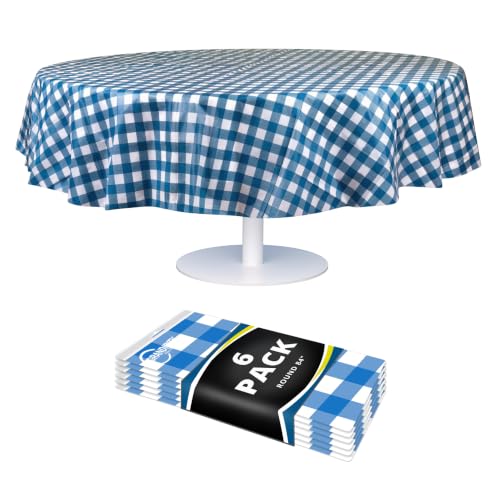 Grandipity Blue Gingham Checkered Plastic Table Cloth Disposable (6 Pk) 84in Round Tablecloth Premium Party Table Cloths Disposable - Perfect Table Cloth Round Cover for Any Table Up to 6 Feet