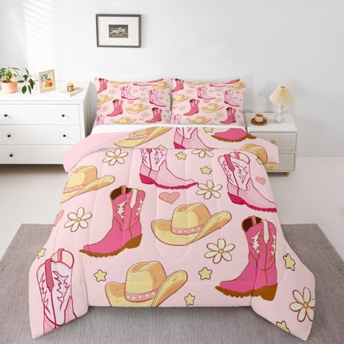Erosebridal Pink Cowgirl Boot Twin Comforter Set,Cute Boho Floral Bedding Sets for Girls Kids,Western Cowboy Hat Quilt Bed Set,Rustic Country Wild Flower Room Decor with 1 Pillowcase