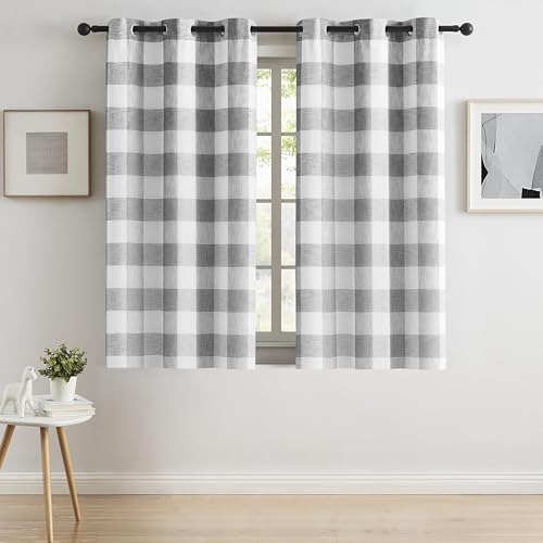 "Bapawfish Gray White Buffalo Plaid Full Blackout Curtains 72 Inches Length - Grommet Geo Checkered Drapes with Liners,Farmhouse Linen Textured Window Treatment for Bedroom Living Room,40"" Wx72 Lx2"