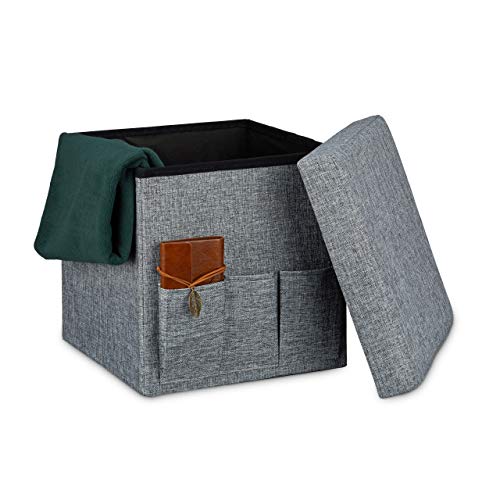Relaxdays Folding Ottoman Pouffe 38 x 38 x 38 cm Sturdy Seat with 3 Side Pockets Foldable Footstool Stool Storage Box with Storage Space and Removable Lid Seat for the Living Room, Grey