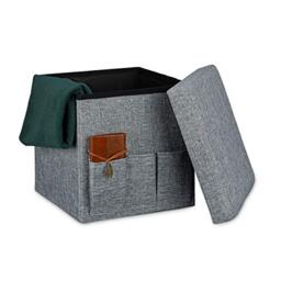 Relaxdays Folding Ottoman Pouffe 38 x 38 x 38 cm Sturdy Seat with 3 Side Pockets Foldable Footstool Stool Storage Box with Storage Space and Removable Lid Seat for the Living Room, Grey