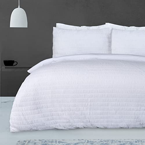 Sleepdown Seersucker Embossed Geometric Textured White Duvet Cover Quilt Pillow Cases Bedding Set Soft Easy Care - King (230cm x 220cm), (5056242898917)