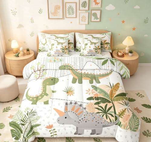 Feelyou Kids Cute Dinosaur 7 Piece Bedding Set Twin Size Cartoon Green Dinosaur Comforter Set with Sheets for Boys Girls Teens Cute Animal Bed in a Bag Coconut Plant Bed Set
