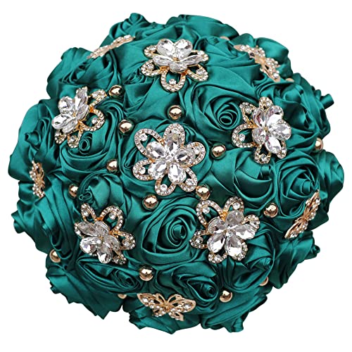 "Sharebeauty 8.3"" Handmade Satin Rose Bridal Bouquet Toss Round Wedding Bouquet Throw Toss Artificial Flower Bunch Dark Green"