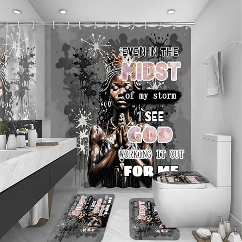 Omebero 4 PCS Black Queen Shower Curtain Set with Waterproof Shower Curtain, Non-Slip Bath Mat, Absorbent Rug, and Toilet Lid Cover, Inspirational Quote Afrcia American Black Woman Bathroom Decor Set