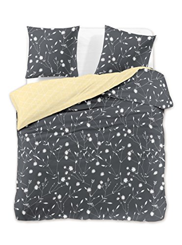 DecoKing Premium 29237 Bed Linen 230 x 220 cm 2 Pillowcases 50 x 75 cm Grey Floral Pattern Duvet Covers Renforcé Cotton Mako Satin Double-Sided Ducato Collection Dandelion Steel Anthracite White