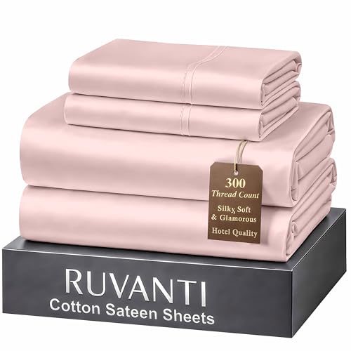 "Ruvanti 100% Cotton Sheets Queen Size Bed Set ??? 300 Thread Count Silky Soft Sateen Weave, Cooling, Lightweight & Breathable, 16"" Deep Pocket, Durable & Luxury Satin-Like, 4 Piece, Dusty Rose"