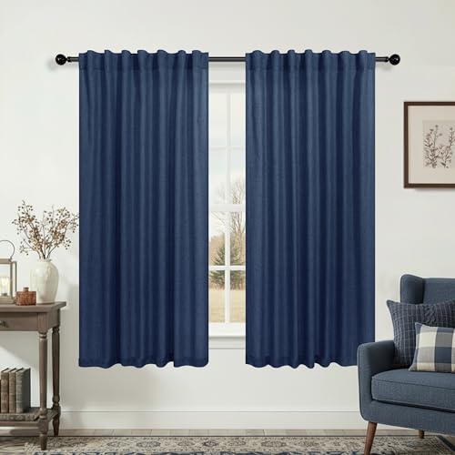 KOUFALL Navy Blue Short Window Curtains for Bathroom,Sheer Linen Laundry Room Curtains for Windows,54 Inch Length