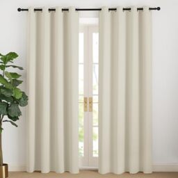 NICETOWN Beige Opaque Curtain Insulating Cold Protection Set of 2 Light Beige H200 x W 140 cm Curtains 200 cm Long Blackout Curtain with Eyelets Modern Curtains Door for Living Room