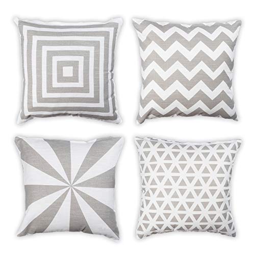 Penguin Home Set of 4 100% Slub Cotton Fabric Cushion Covers 45cm x 45cm Double Sided Square Pillow Covers with Invisible Zipper Pillow Cases for Living Room, Bedroom, Sofa (White/Grey Mix)