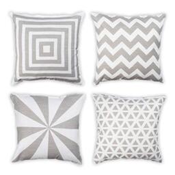 Penguin Home Set of 4 100% Slub Cotton Fabric Cushion Covers 45cm x 45cm Double Sided Square Pillow Covers with Invisible Zipper Pillow Cases for Living Room, Bedroom, Sofa (White/Grey Mix)