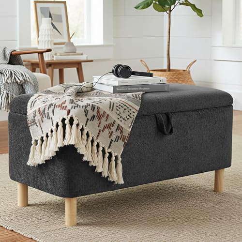 COLAMY Large Ottoman Storage Box for 80L,Wooden Ottoman Storage Bench with Anti-Slip Pads and Lift-Up Lid, Foot Stool for Living Room, Bedroom, Entryway, Boucle Fabric Footstool with Storage,Grey
