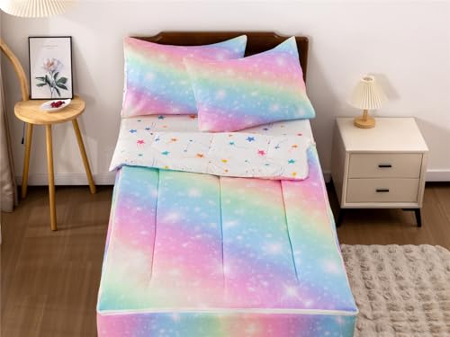 NTBED Rainbow Printed Zipper Bedding Sets Twin for Kids Girls Lightweight Microfiber Galaxy Glitter Comforter Set with Fitted Sheet Pillow Covers