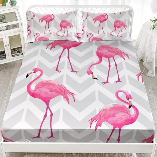 XYNHML Tropical Flamingo Palm Geometric Stripe Fitted Sheet Set - 3Pcs Kids Quilt Bed Sheets Full - Cute Bedding Set for Boys Teens Adult - Includes 1 Fitted Sheet, 2 Pillowcases