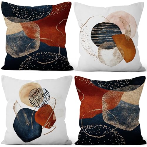 "Vie Savaran 4 Pcs/Set Abstract Boho Pillow Covers Bohemian Navy Blue Orange Minimalist Geometric Sliver Strips Modern Art Decorative Linen Throw Pillowcases for Couch Sofa Farmhouse, 24""x24"""