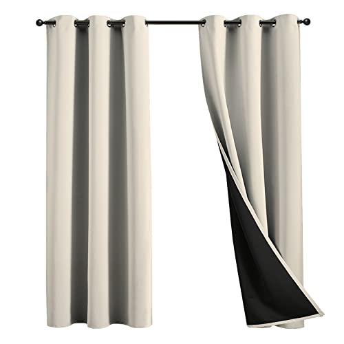JSFLY 100% Blackout Curtains 63 inch Length for Bedroom, Thick Noise Reduction Thermal Insulated Grommet Window Drapes Room Darkening Curtains for Living Room, 2 Panels (42x63 inches,Beige)