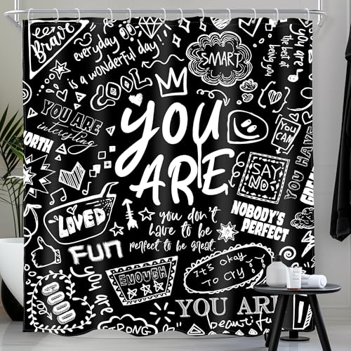 AMBZEK Kids Inspirational Quotes Shower Curtain 72Wx72L Inch Black White Teens You are Motivational Abstract Funny Cool Artwork Cloth Fabric Waterproof Polyester Bathroom Decor Set with 12 Pack Hooks
