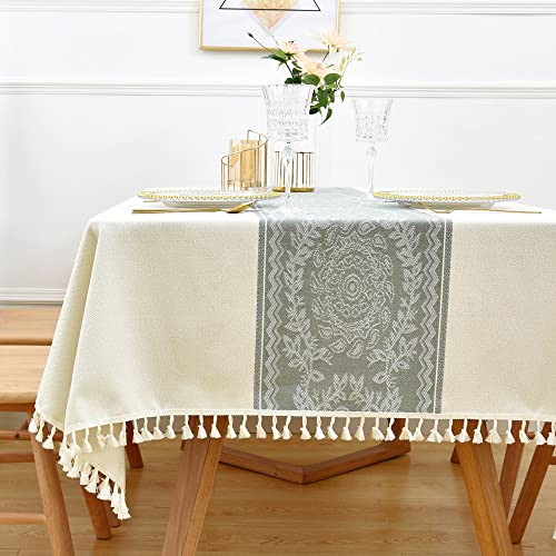 Yofori Heavy Duty Cotton Linen Tablecloth for Rectangular Tables Solid Embroidery Lattice Table Cloth for Kitchen Dinning Tabletop Decoration (Flowers, 52x52 inch)