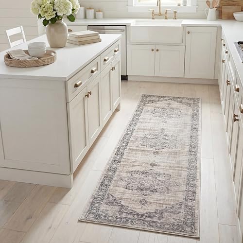 SAFAVIEH Brentwood Collection Runner Rug - 2' x 12', Cream & Grey, Medallion Distressed Design, Non-Shedding & Easy Care, Ideal for High Traffic Areas in Living Room, Bedroom (BNT865B)