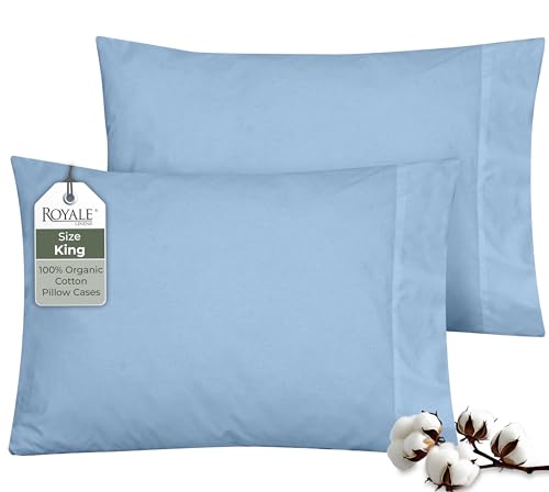 "ROYALE LINENS 100% Organic Cotton Percale Pillowcases Set of 2 - King Size Percale Pillowcase - King Set of 2 Pillow Cover - Breathable, Cool & Crisp Lake Blue Pillow Cases (20""x40"", Lake Blue)"