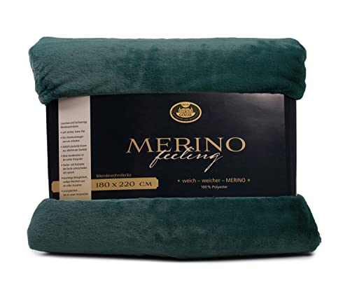 Gözze - Cosy Blanket, Merino Feel, Reversible, Heavy Weight 600 g/m², 180 x 220 cm - Dark Green