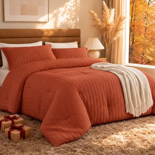 "Quataly Queen Comforter Set 3PCS Seersucker Lightweight Bed Set for All Season,1 Elegant Burnt Orange Terracotta Comforter (90""x90"") and 2 Soft Pillowcases (20""x30"")"