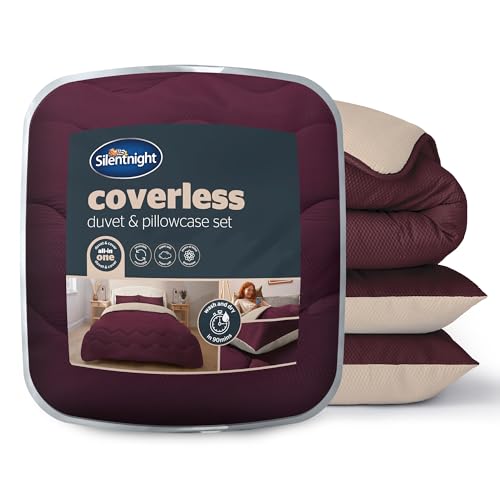 Silentnight Coverless Seersucker Duvet & Pillowcase Set - Soft Stylish 10.5 Tog Two Reversible Colours Bed Quilt - All Year Round Comfort No Cover Needed - Berry & Cream, King