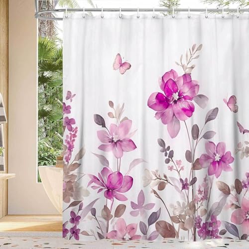 YDIDIAN Pink Floral Shower Curtain, Pink Lavender Floral Butterfly Boho Shower Curtains for Bathroom, Farmhous Flower Cute Fabric Shower Curtain Set with 12PCS Hooks, 70X70IN