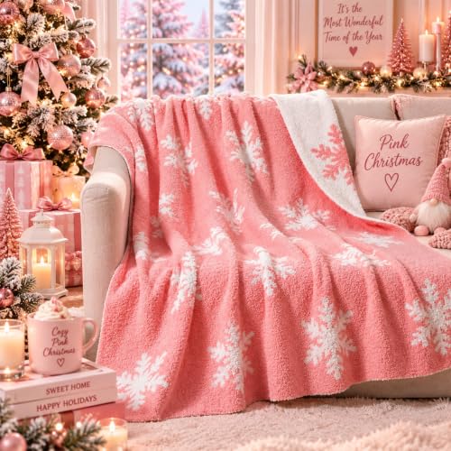 Buryeah Pink Winter Blanket 50 x 60 Inch Snowflake Reversible Knitted Throw Blanket Decorations Gifts Cozy Lightweight Soft Winter Holiday Throw for Couch Sofa Bed