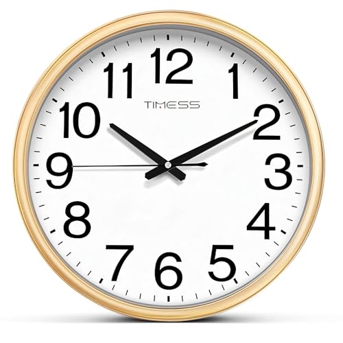 TIMESS Wall Clock, 13 Inch Large Dial Non-Ticking Silent Battery Operated Quality Analog, Ultra-Quiet Movement Quartz, Timeless Stylish Clock, Ideal Modern Home, Office D??cor (Gold)