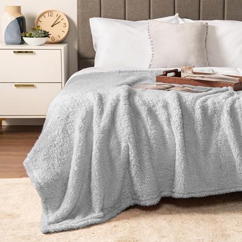 PAVILIA Sherpa Throw Blanket for Bed Couch Sofa, Light Gray Fluffy Plush Fleece Microfiber Blanket, Lightweight Soft Cozy Reversible Throw, All Season Home Decor Gift, 90x90 Inches, Queen