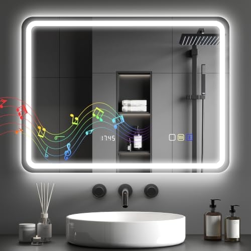 HOMCOM 600 x 800 mm Bluetooth Bathroom Mirror with LED Lights, Illuminated Backlit Wall Mounted Vanity Mirror with 3 Colours Dimmable, Anti-Fog, Memory & Touch Switch, IP44