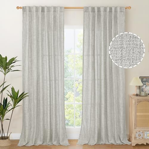 YoungsTex Natural Linen Curtains 95 Inch Length for Living Room Back Tab Textured Floor Length Window Drapes Extra Long Light Filtering, Light Grey, 52 X 95 Inch, 2 Panels, 037rtltgrey5295