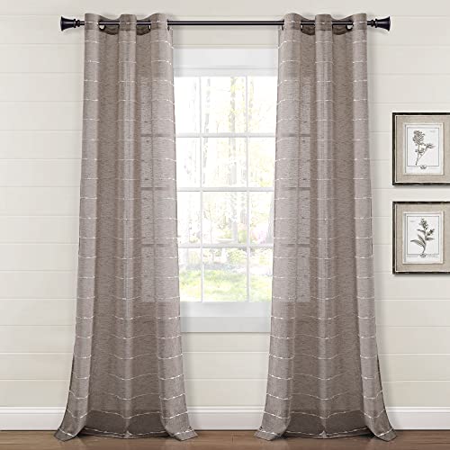 "Lush Decor Farmhouse Textured Grommet Sheer Window Curtain Panel Pair, 38"" W x 84"" L, Brown"