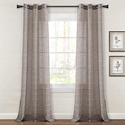 "Lush Decor Farmhouse Textured Grommet Sheer Window Curtain Panel Pair, 38"" W x 84"" L, Brown"