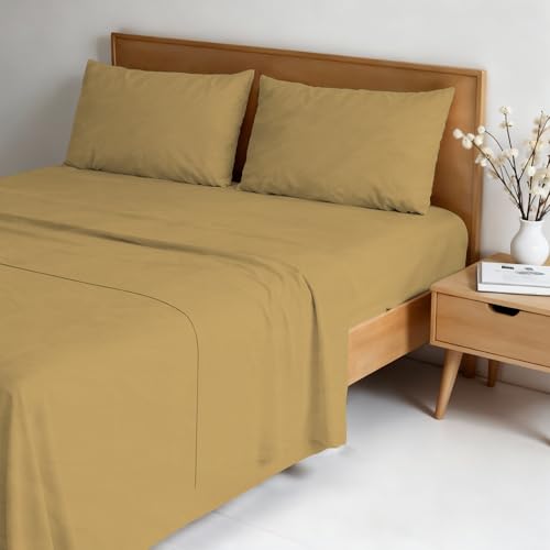 Water Washed Double Bed Bedding Set, 4-Piece Set: Fitted Sheet 170 x 200 cm, Flat Sheet 240 x 270 cm, 2 Pillowcases - Ochre