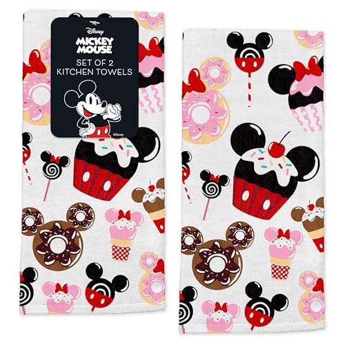 "Disney Kitchen Towels ??? 2-Pack 100% Cotton Kitchen Towels Set ??? 16"" x 26"" Soft & Absorbent Dish Towels ??? Mickey, Minnie & Stitch Designs ??? Durable, Machine Washable (Mickey & Minnie Sweets)"