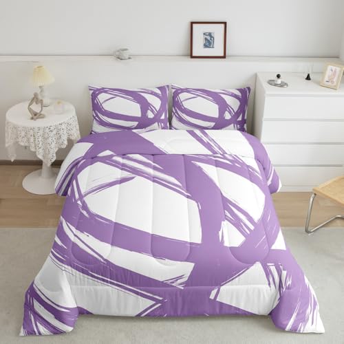 Purple and White Abstarct Queen Comforter Set for Adult Women Men,Geometry Geometric Striped Bedding Set for Minimalists,Graffiti Aesthetic Lines Quilt,Contemporary Boho Modern Art Duvet Insert
