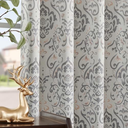 Lazzzy Gray Damask Blackout Curtains 63 Inch Length, Grey Floral Vintage Medallion Pattern Room Darkening Drapes for Bedroom, Back Tab Thermal Insulated Window Treatments Sets, 2 Panels