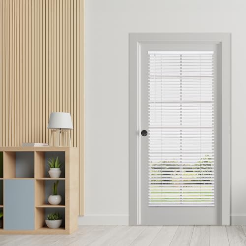 "DEZ FURNISHINGS Cordless No Tools 1"" Magnet Mini Blinds for Metal Doors, Room Darkening, 25"" W x 72"" H, White"