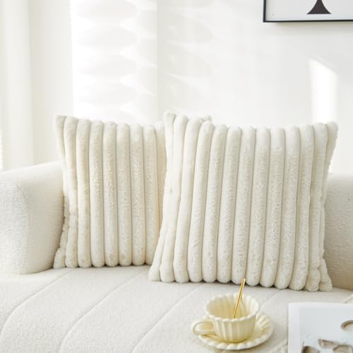 Sunday Praise Faux Fur Decorative Throw Pillow Covers 18x18 Cream White - Set of 2,Soft Plush Striped,Modern Home D??cor,Farmhouse Boho Accent Cushion Covers for Couch Sofa Bed Living Room