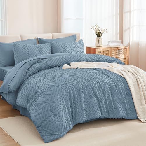 Andency California King Comforter Set 7 Pieces, Grayish Blue - Bed in a Bag Cal King, Soft Lightweight Fluffy Polyester, Boho Tufted Reversible Bedding Comforter Set with Sheets All Season